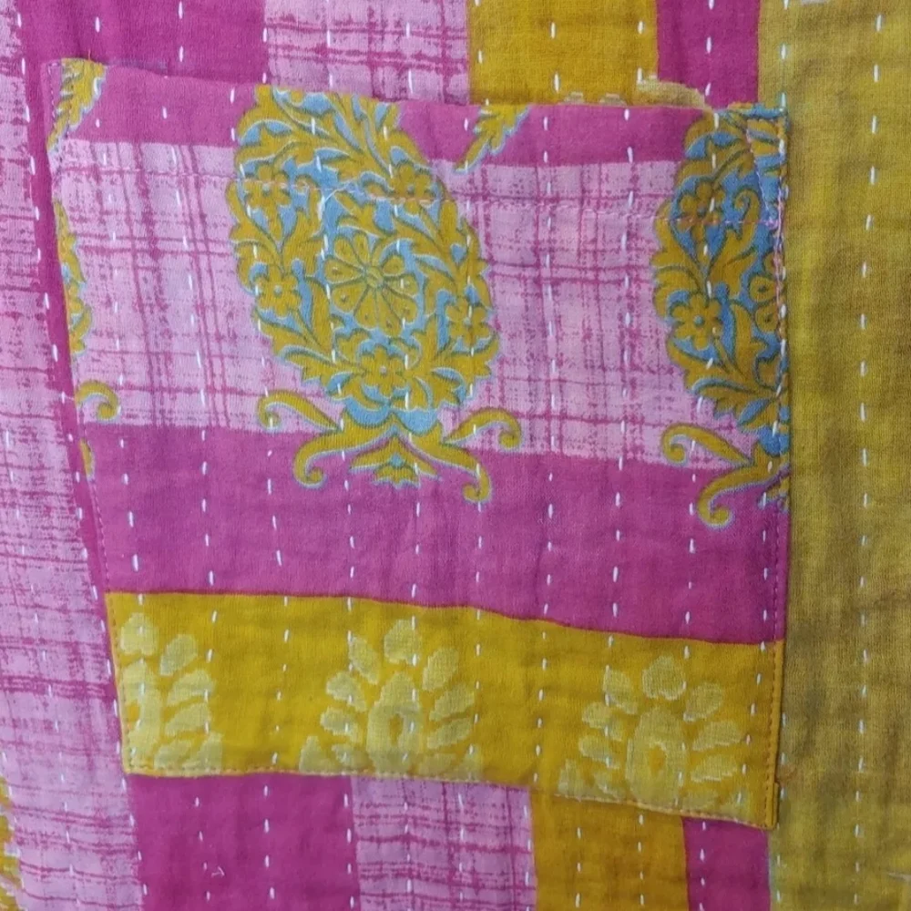 Kantha Patchwork Kimono Tunic Poncho Top Colorful Patch Pockets Woman One Sz #C